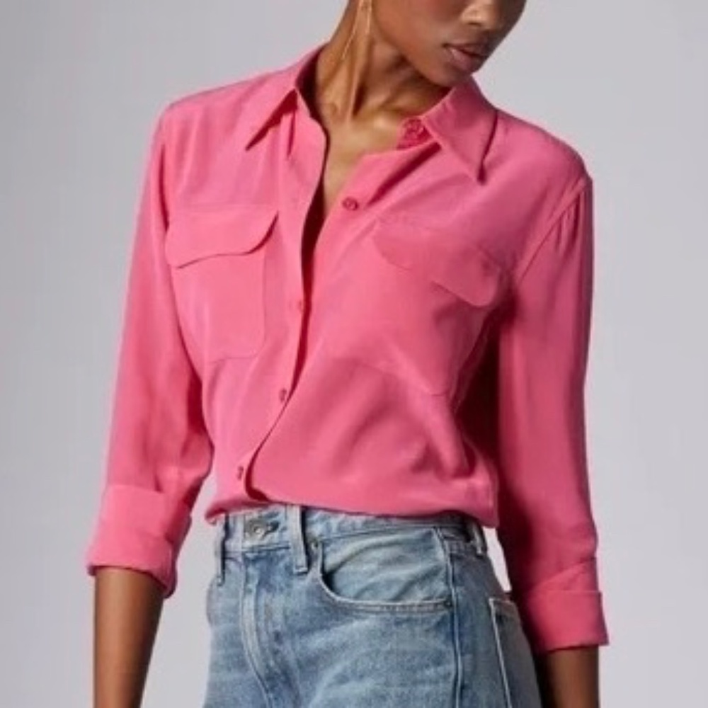 Equipment Signature 100% Silk Button-Up Pink Shirt M Slim Fit Long Sleeve